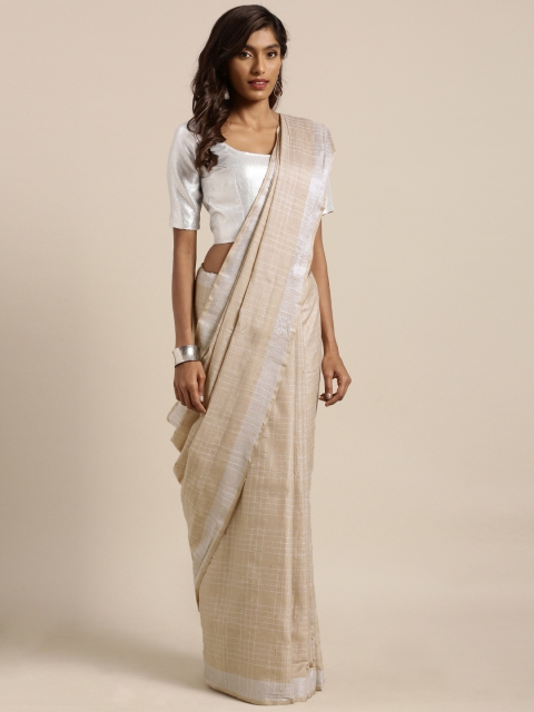 

GoSriKi Beige Checked Cotton Blend Saree