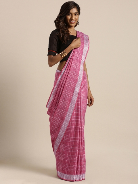 

GoSriKi Magenta Checked Cotton Blend Saree