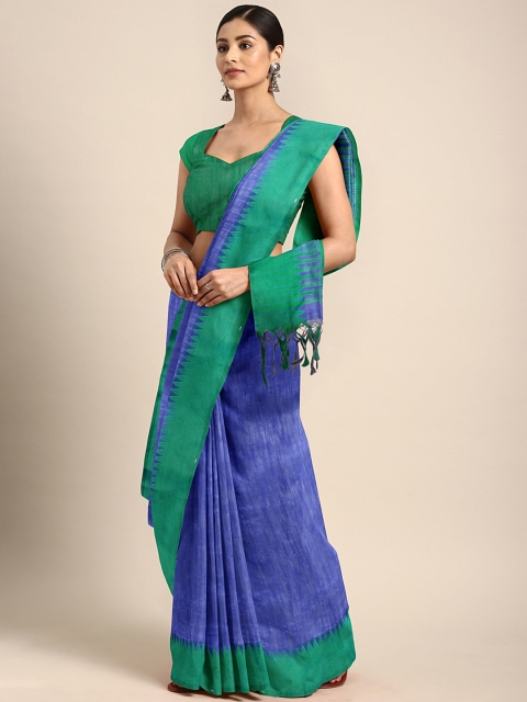 

GoSriKi Blue & Green Cotton Blend Solid Saree
