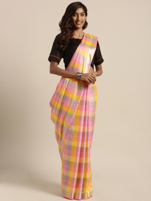 

GoSriKi Pink & Yellow Cotton Blend Checked Saree