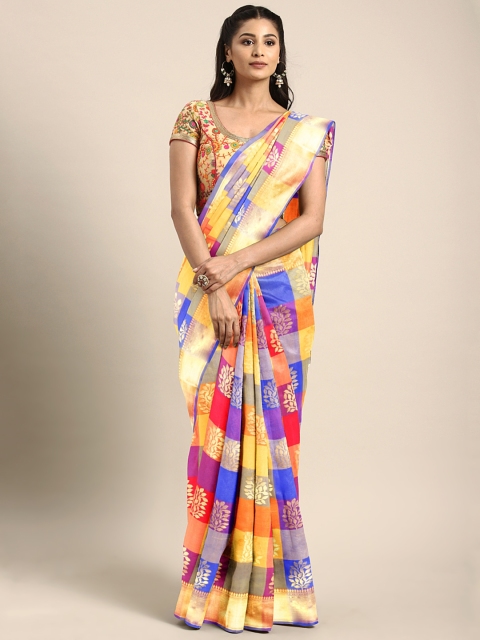 

GoSriKi Blue & Gold-Coloured Silk Blend Checked Kanjeevaram Saree