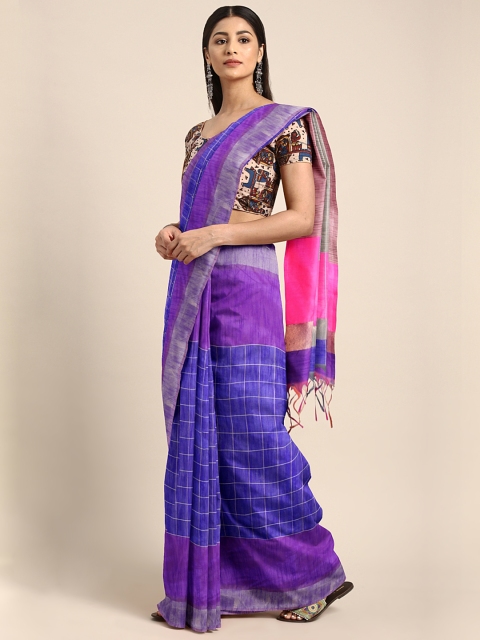 

GoSriKi Blue & Green Cotton Blend Checked Lineng Saree