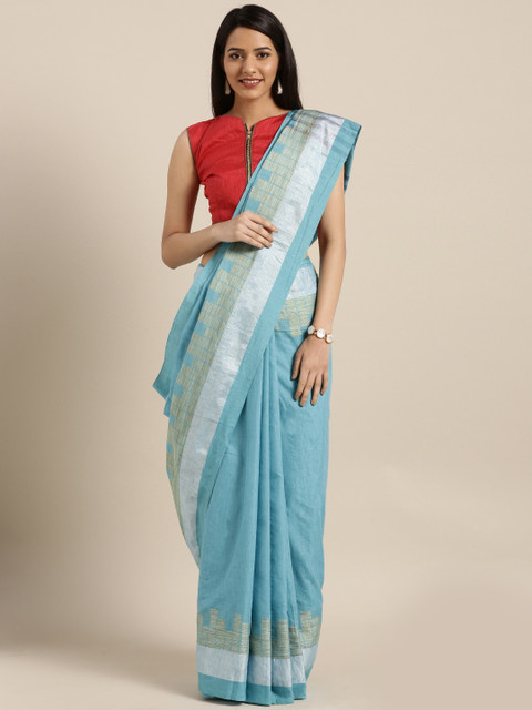 

KALINI Turquoise Blue Solid Cotton Blend Saree