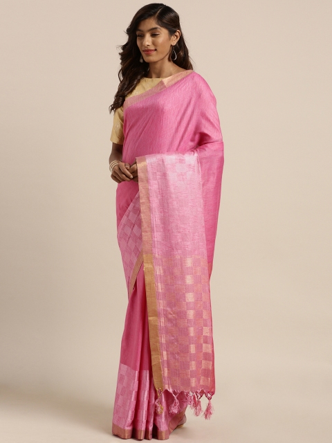 

GoSriKi Pink Solid Cotton Blend Saree