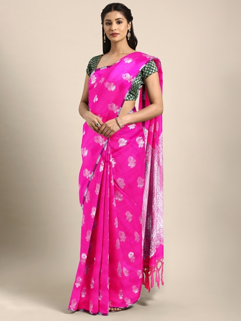 

GoSriKi Pink & Silver-Coloured Silk Blend Woven Design Kanjeevaram Saree