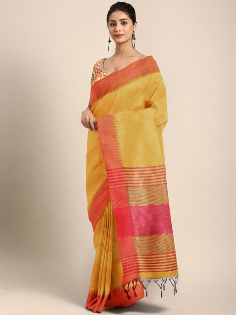 

GoSriKi Mustard Yellow & Orange Cotton Blend Solid Saree