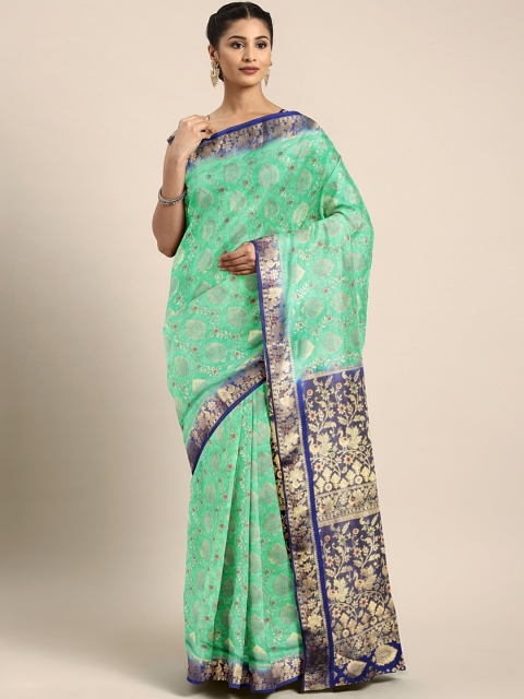 

GoSriKi Green & Gold-Coloured Silk Blend Woven Design Kanjeevaram Saree