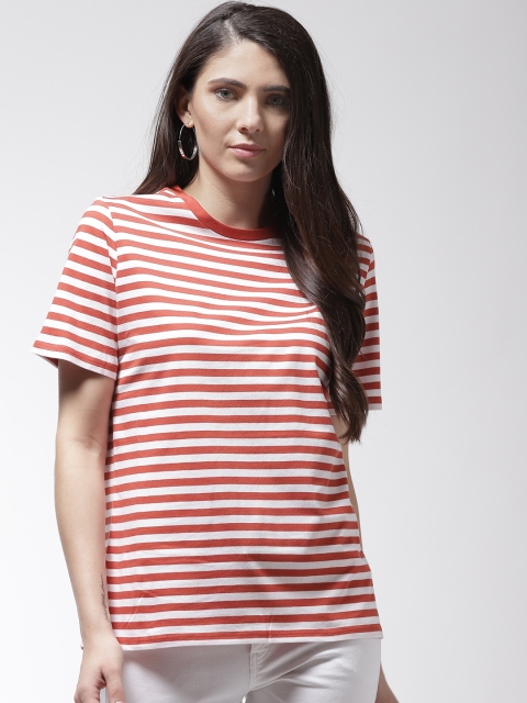 

Marks & Spencer Women Rust Orange & White Striped Round Neck T-shirt
