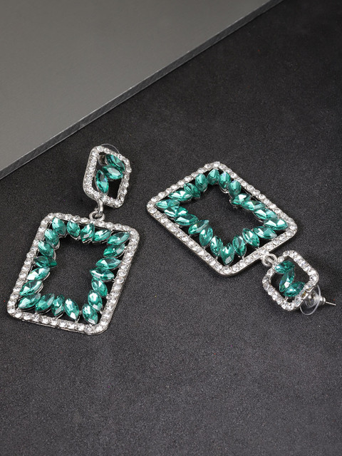 

YouBella Green Silver-Plated Handcrafted Stone-Studded Geometric Drop Earrings