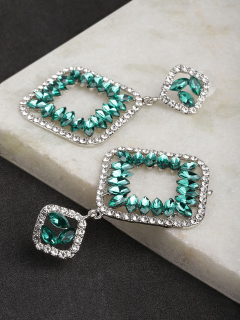 

YouBella Green Silver-Plated Handcrafted Geometric Stone-Studded Drop Earrings