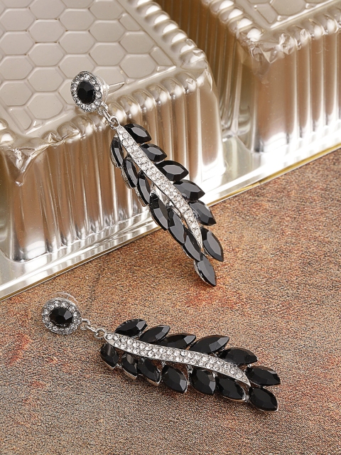 

YouBella Black Silver-Plated Handcrafted Stone-Studded Leaf Shaped Drop Earrings