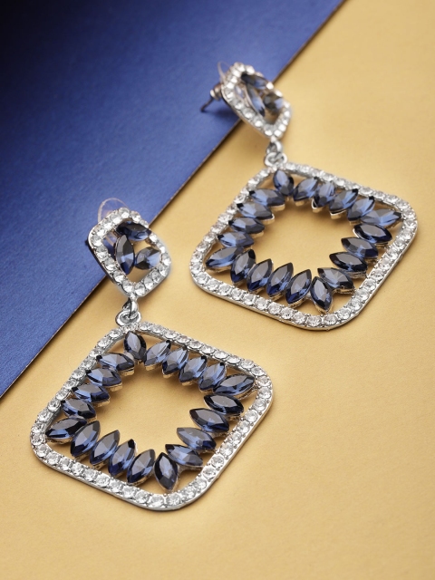 

YouBella Blue Silver-Plated Handcrafted Stone-Studded Square Drop Earrings