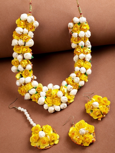 

YouBella Women Yellow & Off-White Beaded Floral Jewellery Set