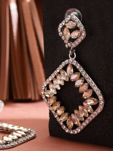 

YouBella Beige Silver-Plated Handcrafted Stone-Studded Square Drop Earrings