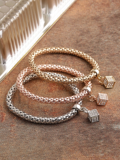 

YouBella Women Set of 3 Stone-Studded Elasticated Charm Bracelets, Gold
