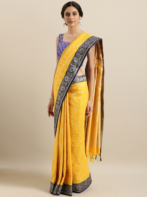 

Varkala Silk Sarees Yellow & Navy Blue Woven Design Saree