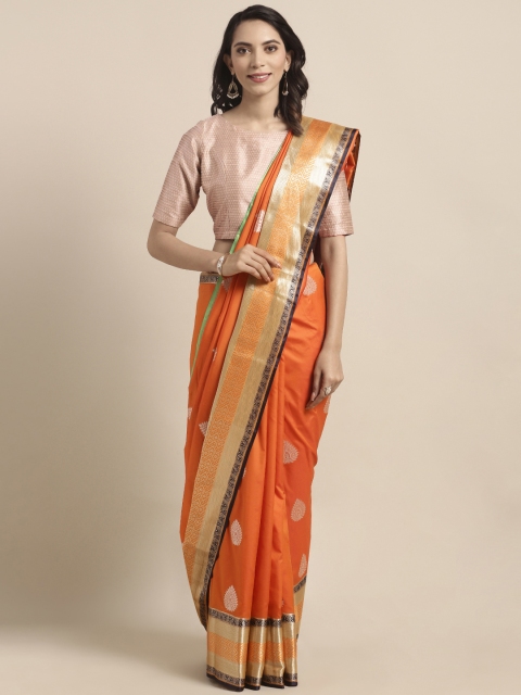 

Varkala Silk Sarees Orange & Gold-Toned Silk Blend Woven Design Kanjeevaram Saree