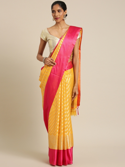 

Varkala Silk Sarees Yellow & Pink Silk Blend Woven Design Leheriya Saree