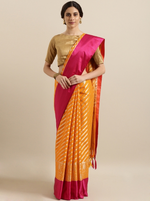 

Varkala Silk Sarees Orange & Pink Katan Silk Blend Striped Leheriya Saree