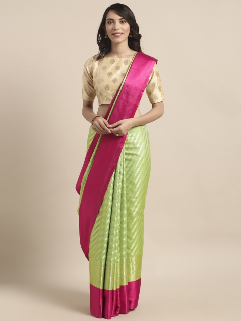 

Varkala Silk Sarees Green & Pink Silk Blend Woven Design Leheriya Saree