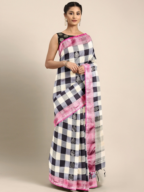 

Varkala Silk Sarees Black & White Silk Blend Checked Kanjeevaram Saree