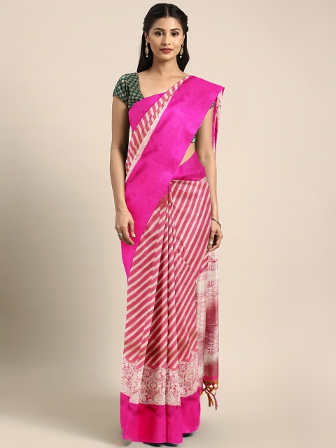 

Varkala Silk Sarees Peach-Coloured & Pink Silk Blend Woven Design Leheriya Saree