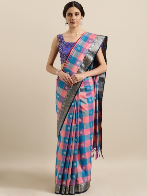 

Varkala Silk Sarees Pink & Green Silk Blend Checked Kanjeevaram Saree