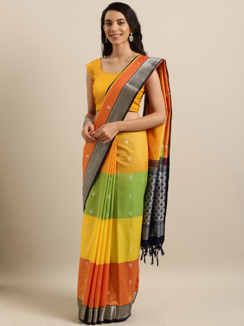 

Varkala Silk Sarees Yellow & Green Colourblocked Silk Blend Kanjeevaram Saree, Multi