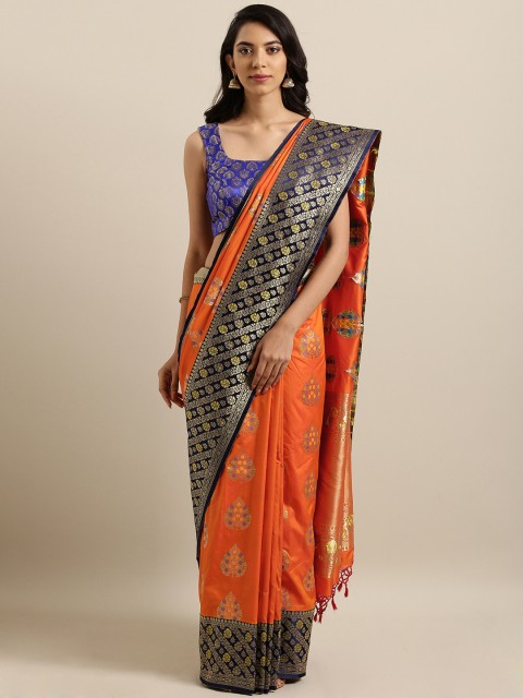 

Varkala Silk Sarees Orange & Navy Blue Silk Blend Katan Silk Kanjeevaram Saree