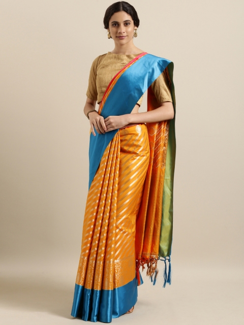 

Varkala Silk Sarees Mustard Yellow & Blue Silk Blend Striped Leheriya Saree