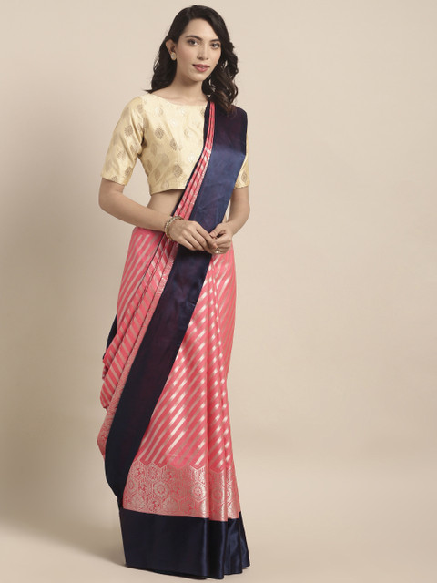 

Varkala Silk Sarees Pink & Navy Blue Silk Blend Striped Leheriya Saree