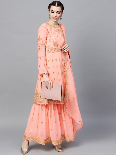 

Chhabra 555 Women Peach-Coloured Made to Measure Embroidered & Embellished Kurta Set