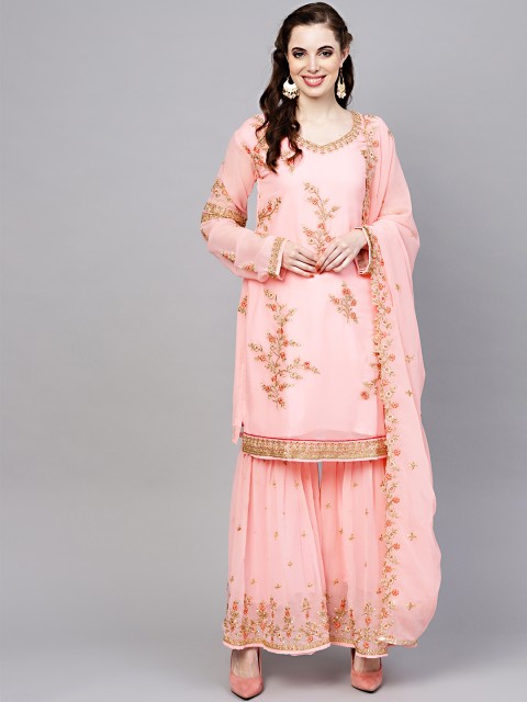 

Chhabra 555 Women Pink & Golden Embellished Made to Measure Kurta & Sharara with Dupatta