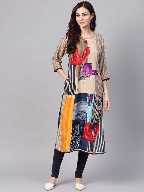 

Shree Women Beige & Navy Blue Printed Straight Kurta