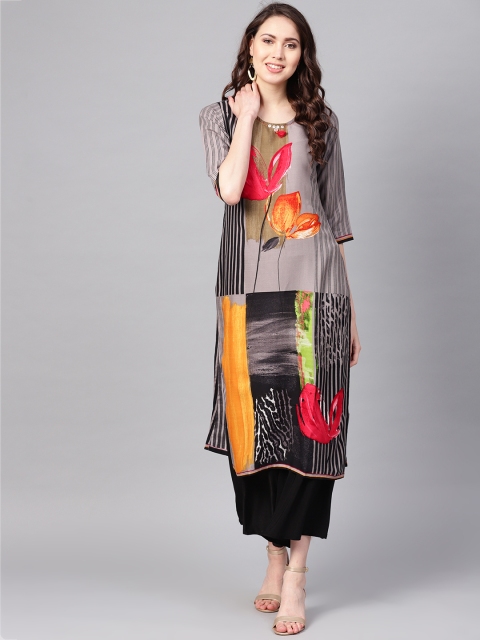 

Shree Women Grey & Black Floral Printed Straight Kurta