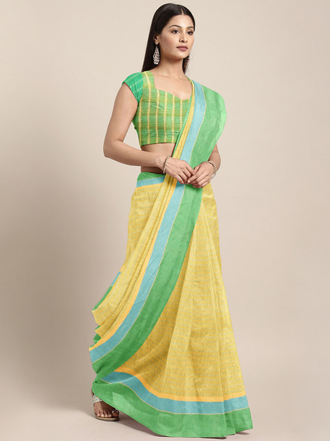 

Pisara Women Yellow & Green Silk Cotton Woven Design Chanderi Saree