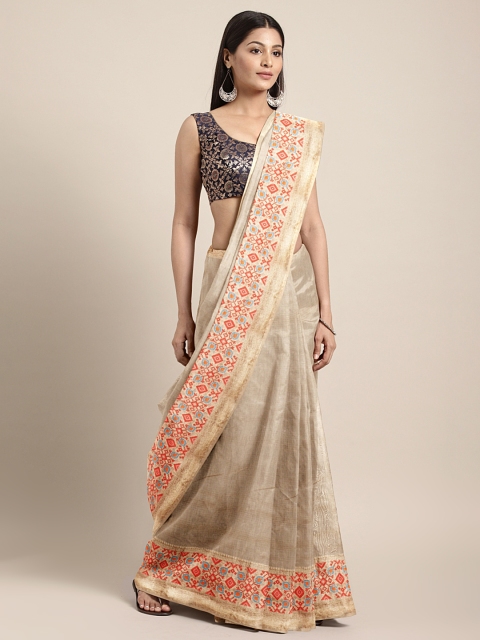 

Pisara Beige Silk Cotton Solid Kanjeevaram Saree