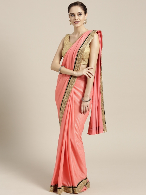 

Chhabra 555 Women Coral Pink Solid Saree