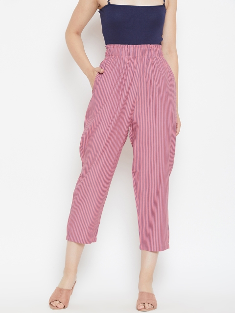 

I AM FOR YOU Women Pink & Blue Relaxed Straight Leg Regular Fit Striped 3/4th Trousers