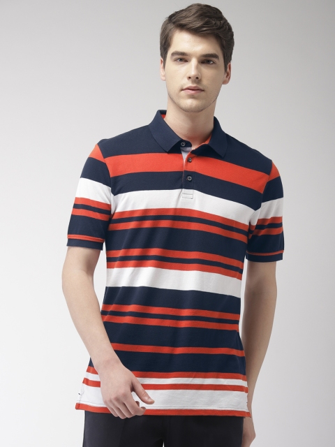 

Marks & Spencer Men Navy Blue & Rust Orange Striped Polo T-shirt