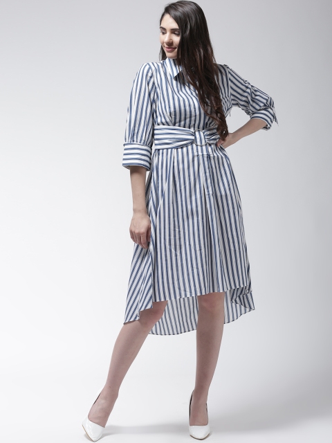 

Madame Women Teal Blue & White Striped Fit and Flare Dress