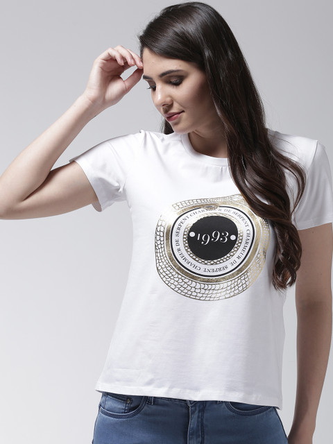 

Madame Women White Printed Round Neck T-shirt