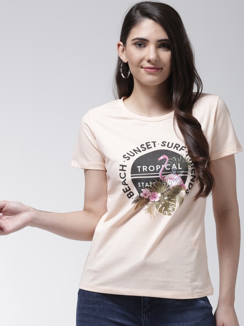 

Madame Women Peach-Coloured Printed Round Neck T-shirt