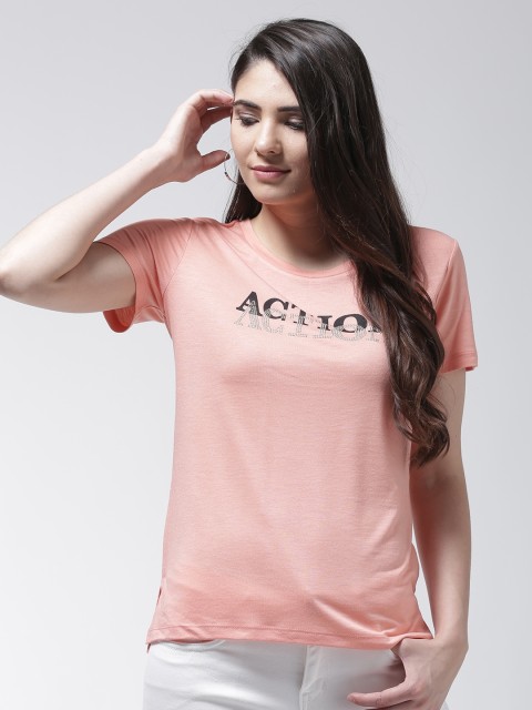 

Madame Women Peach-Coloured Solid Round Neck T-shirt