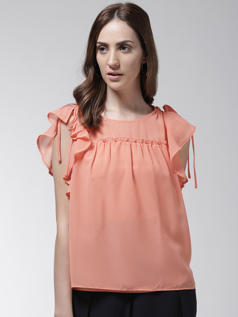 

Madame Women Peach-Coloured Solid A-Line Top