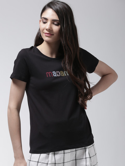 

Madame Women Black Solid Round Neck T-shirt