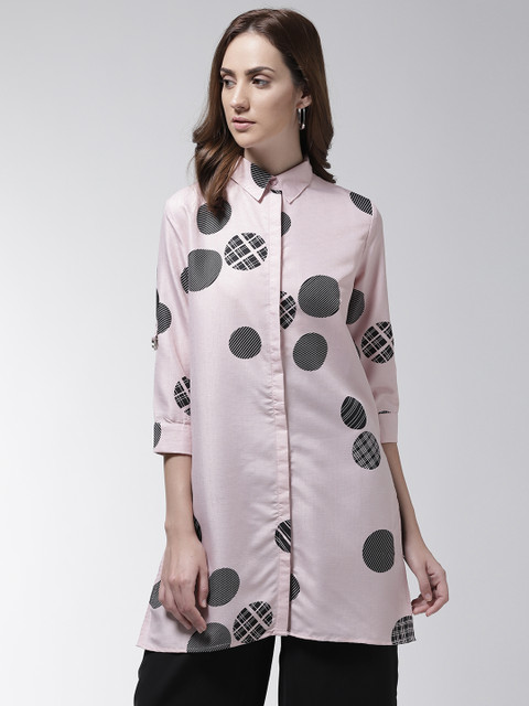 

Madame Women Pink & Black Regular Fit Printed Longline Casual Shirt
