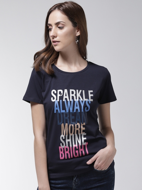 

Madame Women Navy Blue Printed Round Neck T-shirt