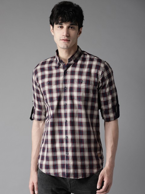 

DENNISON Men Beige & Navy Blue Slim Fit Checked Casual Shirt