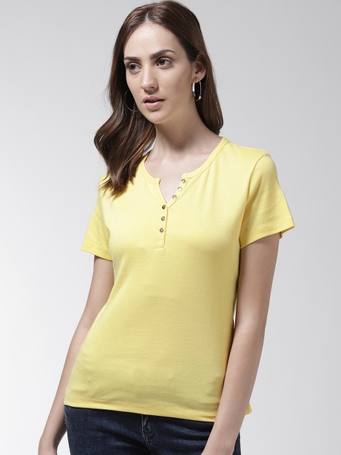 

Madame Women Yellow Solid Henley Neck T-shirt
